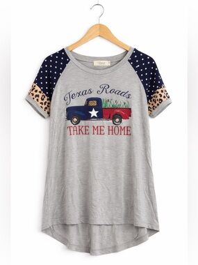 New - Texas Roads Graphic Tee in Grey with Navy & Leopard Accent